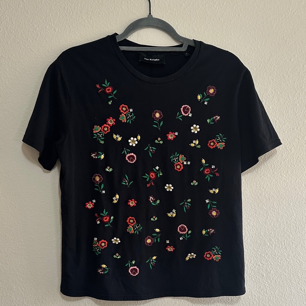 The Kooples Black Tee with Vibrant Floral Embroidery
